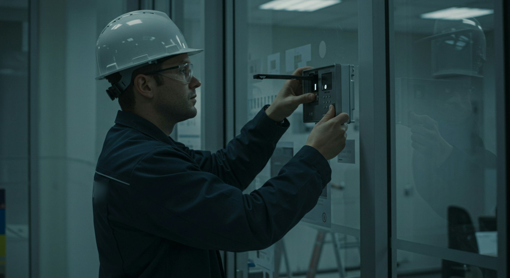 Technician in a hard hat checking a wall-mounted control unit.